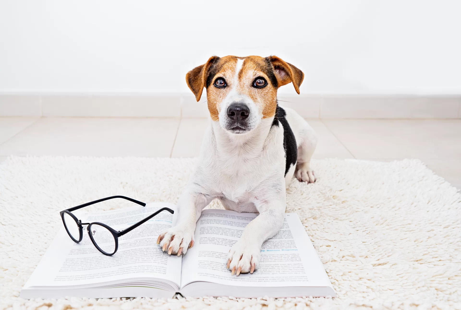 Dog with paws and glasses on book. South African pet laws. Pets24