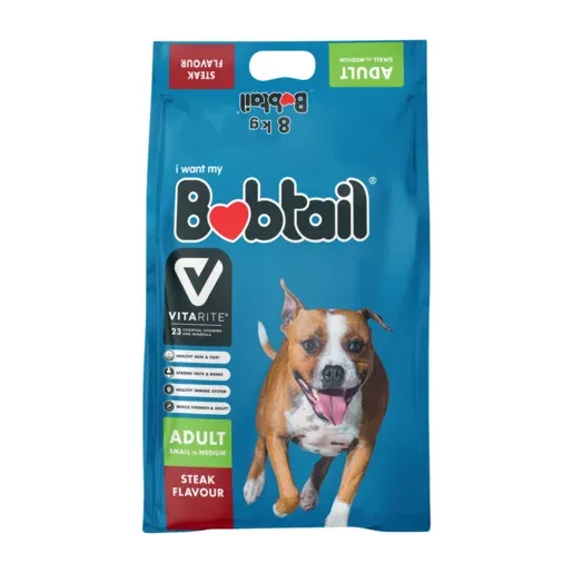 Bobtail Steak Flavour Small-Medium Adult Dry Dog Food 8kg. dog food specials 
